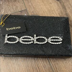 NWT! bebe Black Crystal Logo Evening Clutch